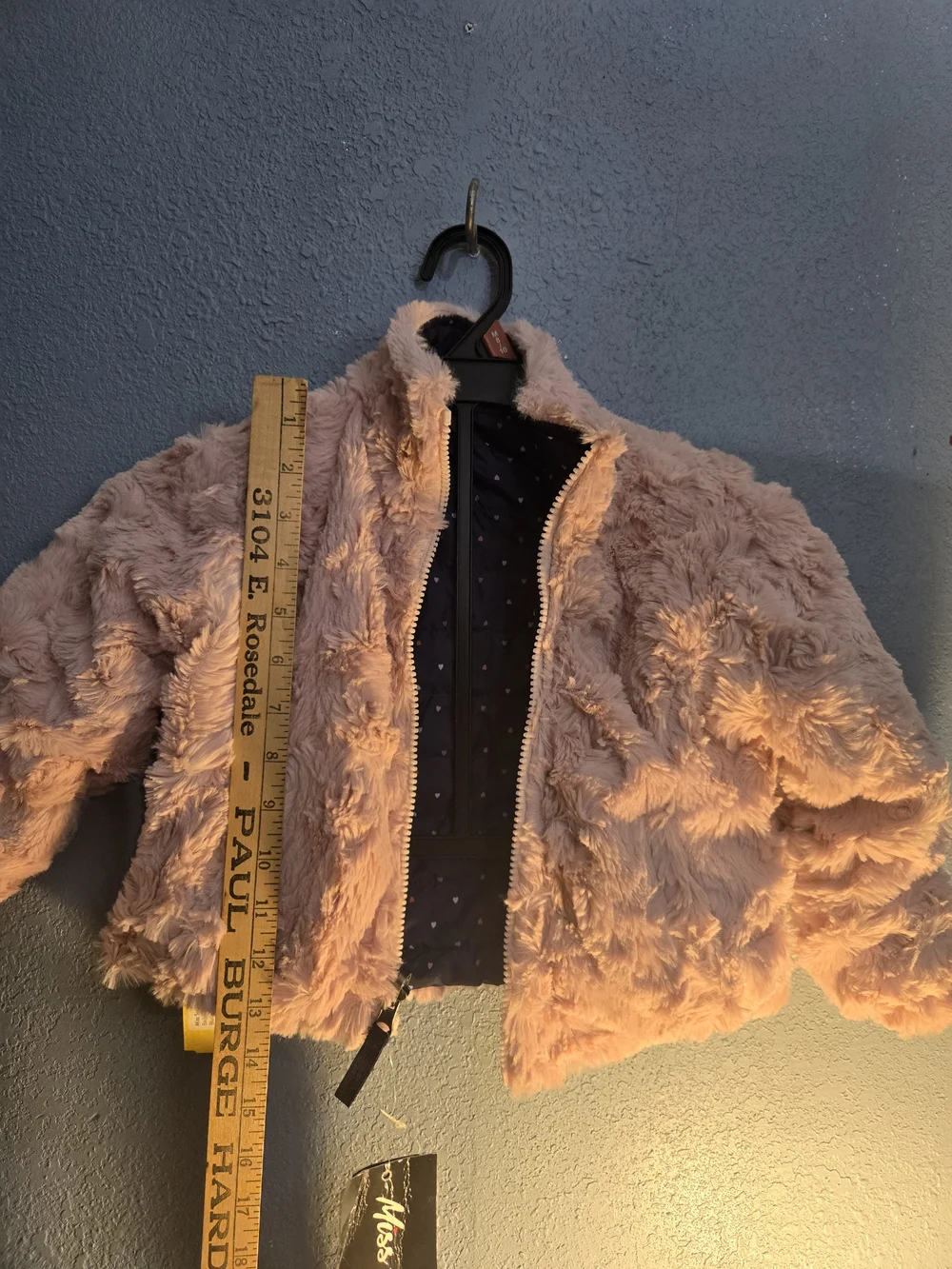 Miss Sofia Navy Heart Print Puffer Jacket with Pink Faux Fur